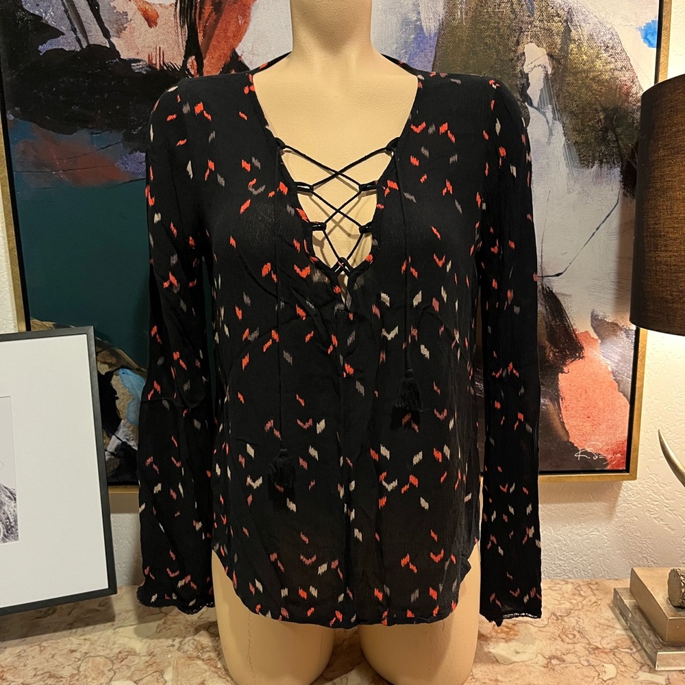 LOVESTITCH Black Cut Out Tie Front Blouse from Evereve Medium M EUC